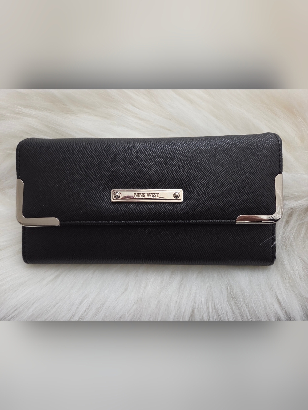 Nine West Black Saffiano Clutch Wallet with Silver Accents